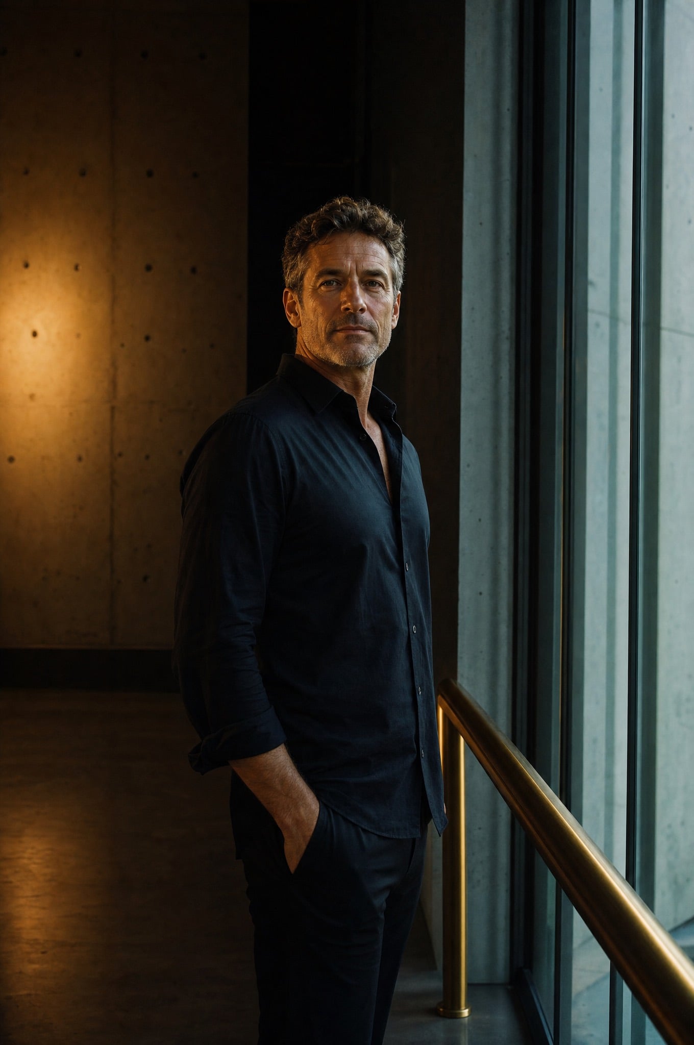 Man in his fifties standing composed beside a tall glass wall
