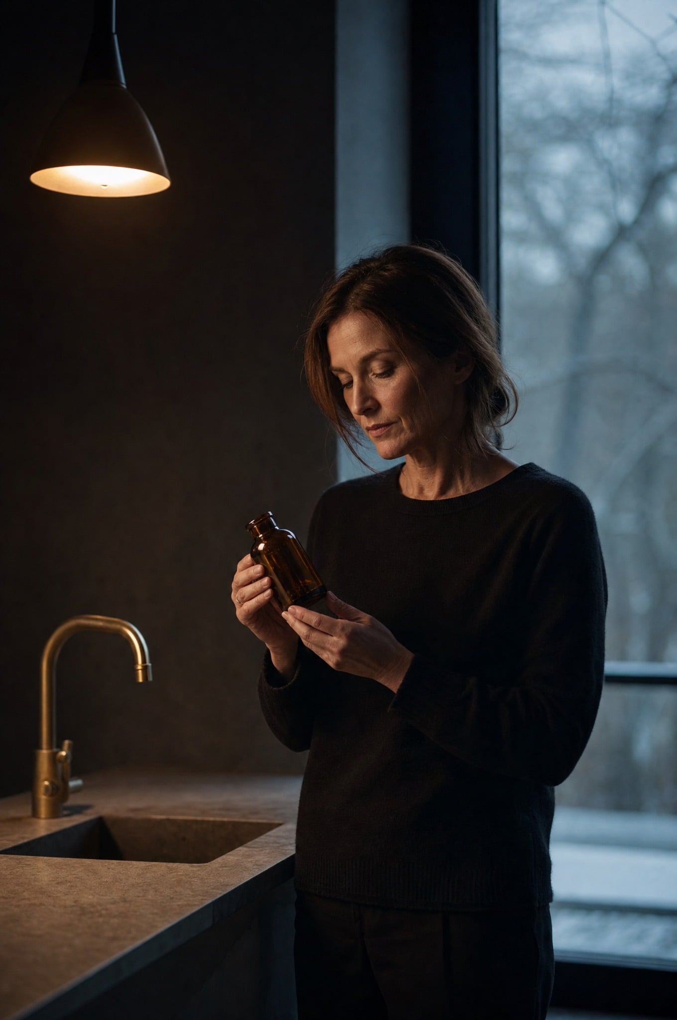 Woman turning an unlabelled amber bottle at a concrete counter