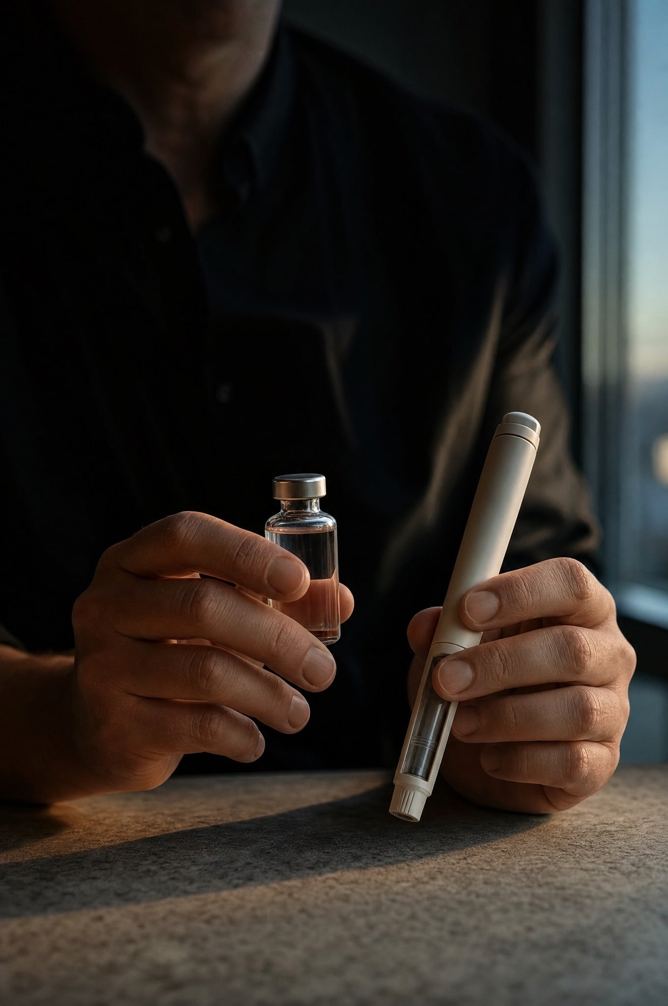 Physician's hands holding an unlabelled vial and injection pen