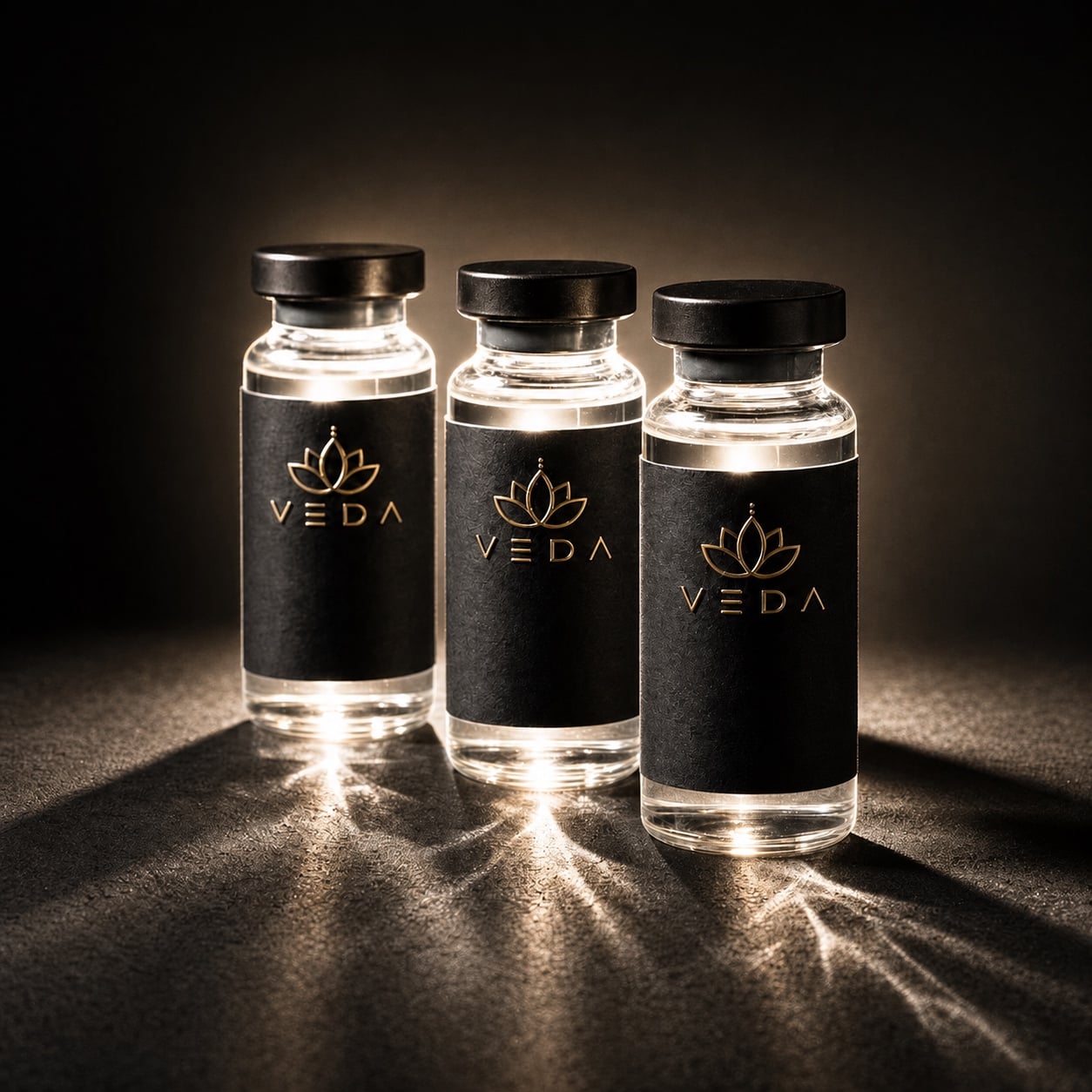 Three Veda-branded vials in a tighter row on a dark stone surface, gold lotus mark and VEDA wordmark on each label
